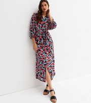 New Look Black Floral 3/4 Puff Sleeve Belted Midi Shirt Dress